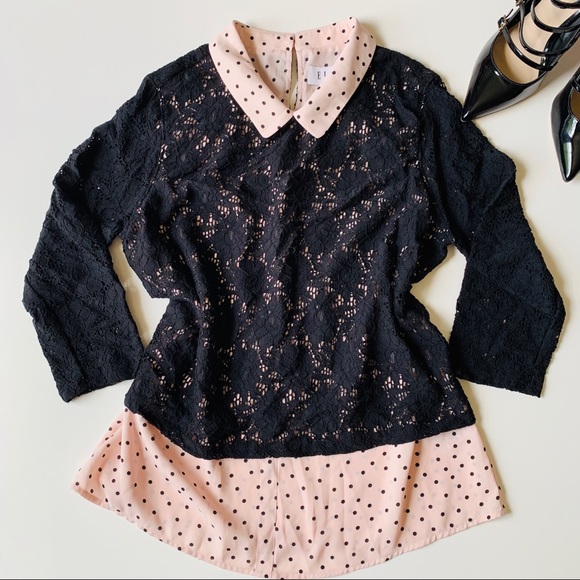 Elle Tops - ELLE Lace Black Pink Polkadot Lace Top Shirt
